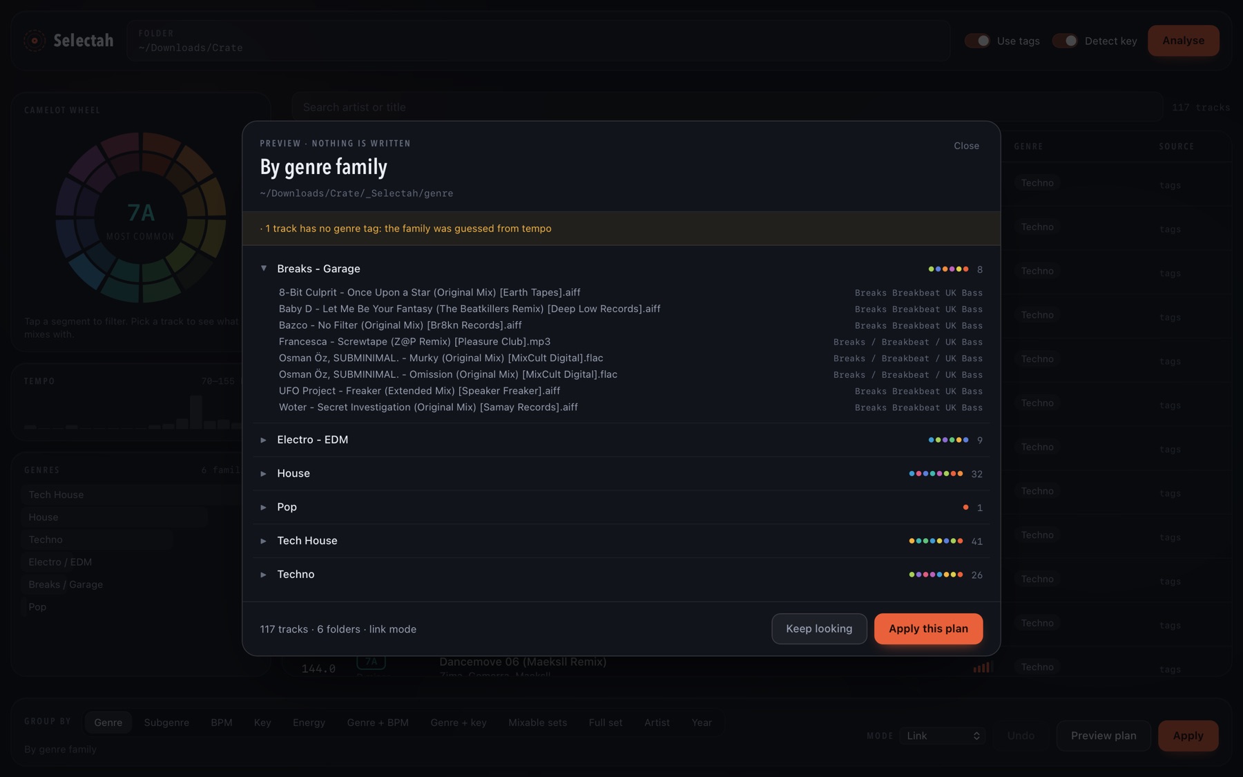 A preview of the folders Selectah would create, grouped by genre family, with nothing written yet.