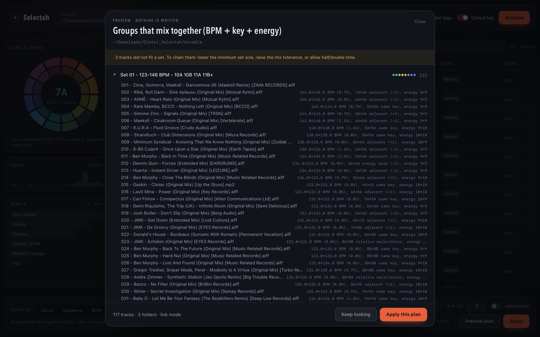 A set laid out in order, each track annotated with the tempo and key change from the one before it.